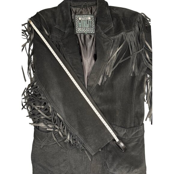 Vintage Winlit Size M Suede Fringe Jacket Black Western - Picture 10 of 13